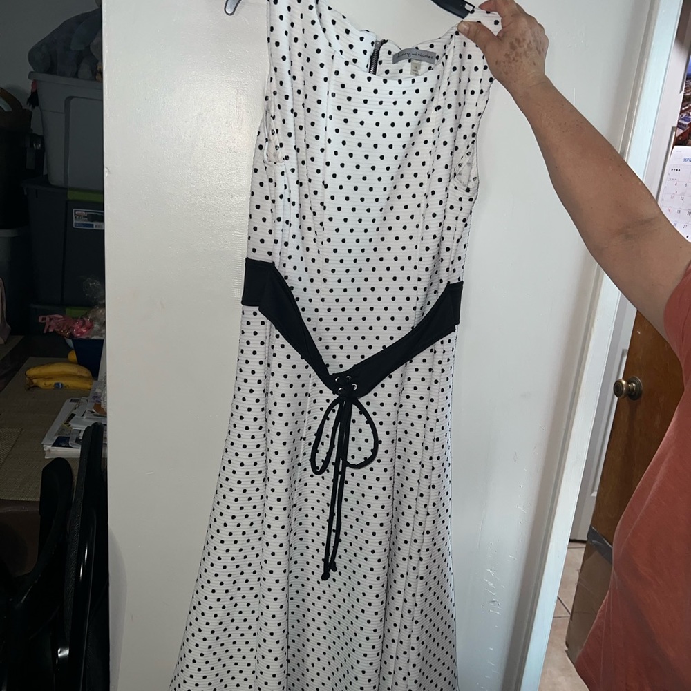 Fanny &. Nicole White with black polka dot dress, size 14